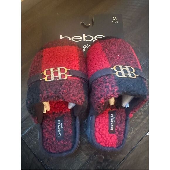 Bebe Girls Bebe Sherpa Slippers medium 13/1 Red/Black plaid - Picture 4 of 5